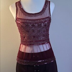 Passport  Vintage 90s Burgundy Beaded and Sequined Embellished Sheer Tank Top